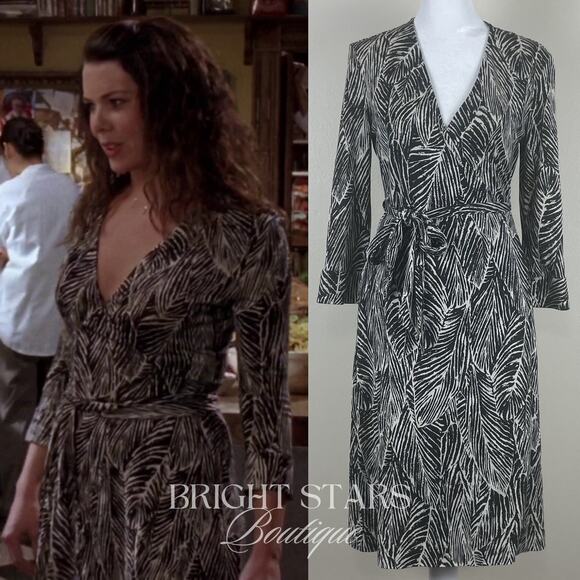 Dresses & Skirts - Rare Vintage Silk Wrap Dress B&W Leaf Print As Seen On Lorelai Gilmore Girls